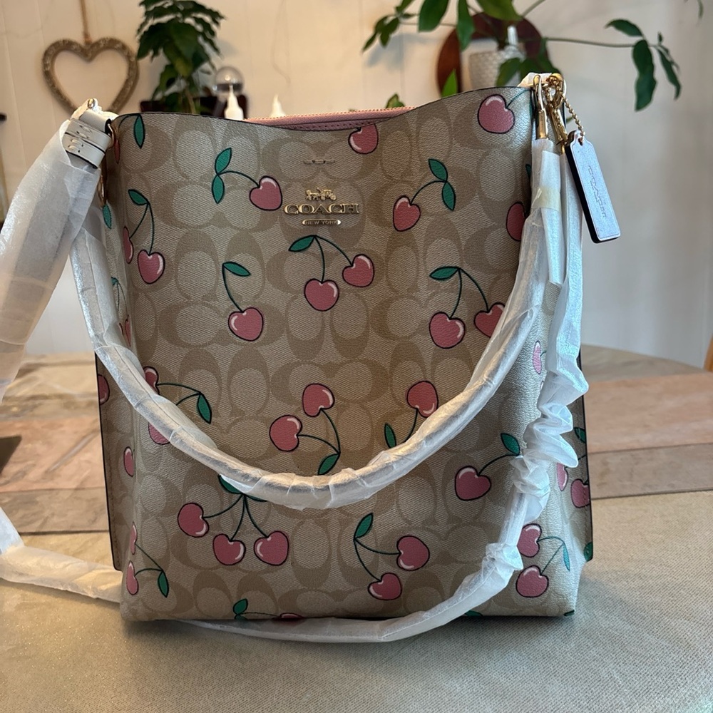 Coach Cherry Print Tan Shoulder Bag - Picture 3 of 16